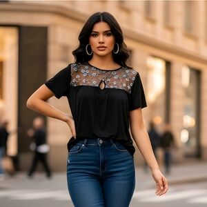 Cha Cha Vente Boho Fairy Embroidered Knit Short Sleeve Top Sz Medium